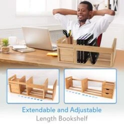 SereneLife Natural Bamboo Shelf Adjustable Bookshelf Desktop Organizer Unit with Storage Drawers for Books and Office Supplies