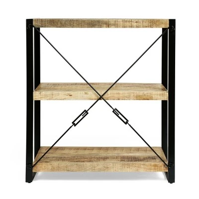 Brinkley Modern Industrial Handcrafted 3 Shelf Mango Wood Shelving Unit Natural/Black - Christopher Knight Home 7 Brinkley Modern Industrial Handcrafted 3 Shelf Mango Wood Shelving Unit Natural/Black - Christopher Knight Home - Image 5