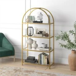 Henn& Hart 62 in. Arched Brass Finish Bookcase - Henn&Hart -Bookshelves Sales Shop unnamed file 1260