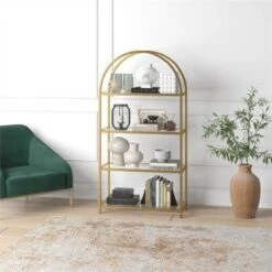 Henn& Hart 62 in. Arched Brass Finish Bookcase - Henn&Hart -Bookshelves Sales Shop unnamed file 1261