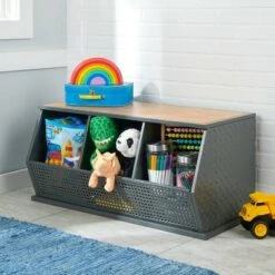 Badger Basket Metal and Bamboo 3 Bin Stackable Storage Cubby Charcoal/Natural