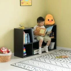 Basicwise Modern Multi-Purpose Bookshelf with Storage Space and Gray Cushioned Reading Nook