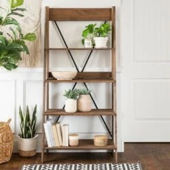 68.25" Boho 4 Tier Solid Wood Ladder Bookshelf Plant Stand - Saracina Home Gray