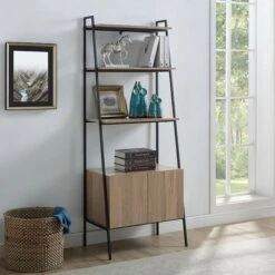 72" Open Shelf and Closed Storage Cabinet Ladder Bookcase - Saracina Home Dark Walnut