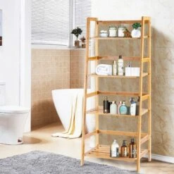 Costway Multifunctional 4 Shelf Bamboo Bookcase Ladder Plant Flower Stand Rack Storage -Bookshelves Sales Shop unnamed file 2196