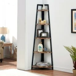 70" 5-Tier Corner Ladder Display Shelving Unit Metal & Distressed Wood - Danya B.