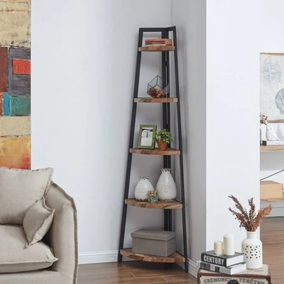 70" 5-Tier Corner Ladder Display Shelving Unit Metal & Distressed Wood - Danya B. 4 70" 5-Tier Corner Ladder Display Shelving Unit Metal & Distressed Wood - Danya B. - Image 2