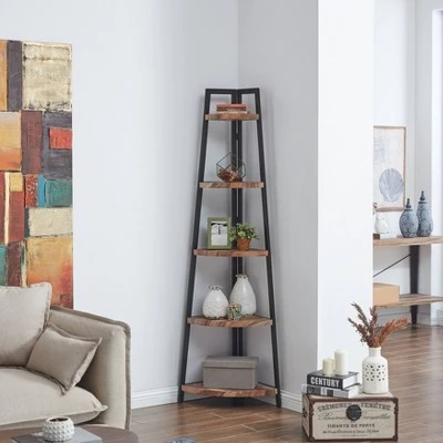 70" 5-Tier Corner Ladder Display Shelving Unit Metal & Distressed Wood - Danya B. 7 70" 5-Tier Corner Ladder Display Shelving Unit Metal & Distressed Wood - Danya B. - Image 5