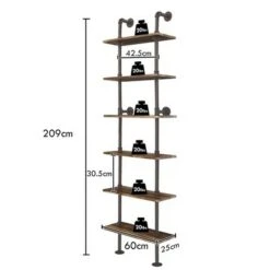 Costway 6-Shelf Rustic Pipe Shelving Unit, Vintage Industrial Pipe Wall Shelf Brown