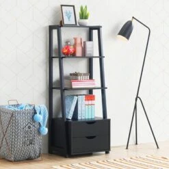 Costway 4-Tier Ladder Shelf Bookshelf Bookcase Storage Display Leaning With 2 Drawers