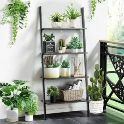 Costway Industrial Ladder Shelf 4-Tier Leaning Wall Bookcase Plant Stand Rustic Black/Brown -Bookshelves Sales Shop unnamed file 2373