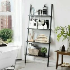Costway Industrial Ladder Shelf 4-Tier Leaning Wall Bookcase Plant Stand Rustic Black/Brown -Bookshelves Sales Shop unnamed file 2374