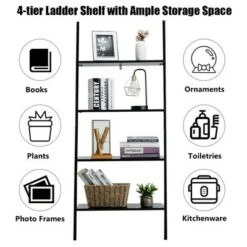 Costway Industrial Ladder Shelf 4-Tier Leaning Wall Bookcase Plant Stand Rustic Black/Brown -Bookshelves Sales Shop unnamed file 2377