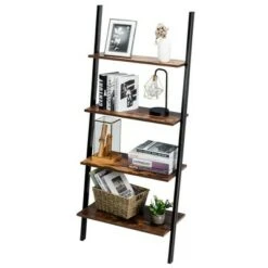 Costway Industrial Ladder Shelf 4-Tier Leaning Wall Bookcase Plant Stand Rustic Black/Brown -Bookshelves Sales Shop unnamed file 2381