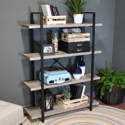 Sunnydaze Decor Sunnydaze 4 Shelf Industrial Style Freestanding Etagere Bookshelf with Wood Veneer Shelves - Oak Gray Veneer 6 Sunnydaze Decor Sunnydaze 4 Shelf Industrial Style Freestanding Etagere Bookshelf with Wood Veneer Shelves - Oak Gray Veneer - Image 4