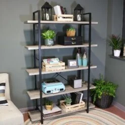 Sunnydaze Decor Sunnydaze 5 Shelf Industrial Style Freestanding Etagere Bookshelf with Wood Veneer Shelves - Oak Gray Veneer 10 Sunnydaze Decor Sunnydaze 5 Shelf Industrial Style Freestanding Etagere Bookshelf with Wood Veneer Shelves - Oak Gray Veneer -Bookshelves Sales Shop unnamed file 2397