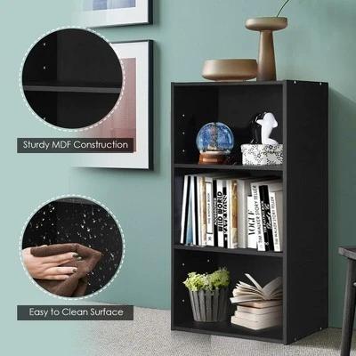 Costway 3 Open Shelf Bookcase Modern Multi-functional Storage Display Cabinet Black 8 Costway 3 Open Shelf Bookcase Modern Multi-functional Storage Display Cabinet Black - Image 6