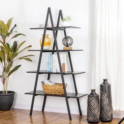 65" 4 Tier Metal and Wooden Leaning Bookcases and Ladder Shelves - Glitzhome Walnut 3 65" 4 Tier Metal and Wooden Leaning Bookcases and Ladder Shelves - Glitzhome Walnut