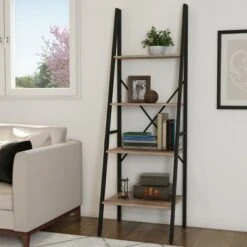 Hastings Home 4-Tier Ladder-Style Bookcase, Gray