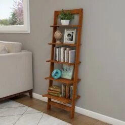 Hastings Home 5-Tier Ladder-Style Leaning Bookcase - Cherry Finish