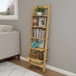 Hastings Home 5-Tier Bookshelf - 50" Tall, Pickled Oak Wood Finish