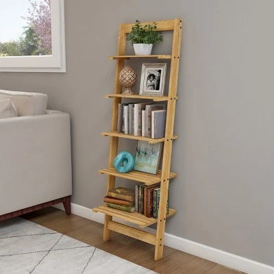 Hastings Home 5-Tier Bookshelf - 50" Tall, Pickled Oak Wood Finish 3 Hastings Home 5-Tier Bookshelf - 50" Tall, Pickled Oak Wood Finish