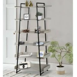 74" 6 Tier Wooden Ladder Storage Bookshelf with Metal Frame Gray/Black - The Urban Port -Bookshelves Sales Shop unnamed file 2885
