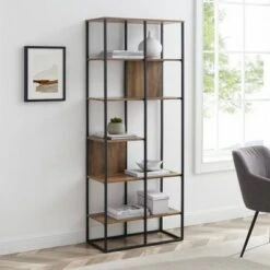 70" Modern Industrial 5 Shelf Bookcase Plant Stand - Saracina Home Gray Wash