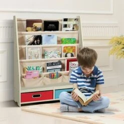 Costway Kids Book Rack Toys Organizer with 4 Sling Bookshelf & 2 Boxes EspressoBeige