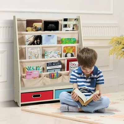 Costway Kids Book Rack Toys Organizer with 4 Sling Bookshelf & 2 Boxes EspressoBeige 3 Costway Kids Book Rack Toys Organizer with 4 Sling Bookshelf & 2 Boxes EspressoBeige