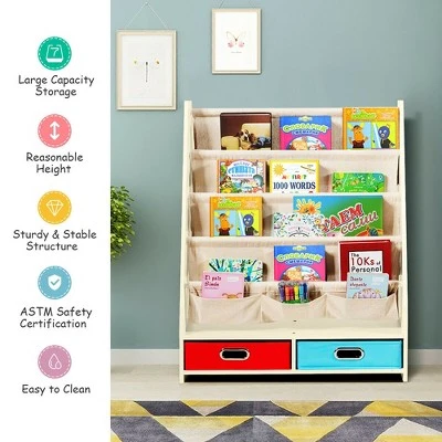 Costway Kids Book Rack Toys Organizer with 4 Sling Bookshelf & 2 Boxes EspressoBeige 6 Costway Kids Book Rack Toys Organizer with 4 Sling Bookshelf & 2 Boxes EspressoBeige - Image 4