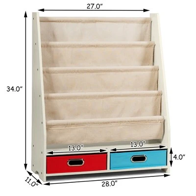 Costway Kids Book Rack Toys Organizer with 4 Sling Bookshelf & 2 Boxes EspressoBeige 9 Costway Kids Book Rack Toys Organizer with 4 Sling Bookshelf & 2 Boxes EspressoBeige - Image 7