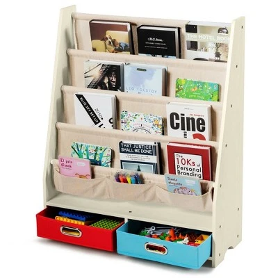 Costway Kids Book Rack Toys Organizer with 4 Sling Bookshelf & 2 Boxes EspressoBeige 12 Costway Kids Book Rack Toys Organizer with 4 Sling Bookshelf & 2 Boxes EspressoBeige - Image 10