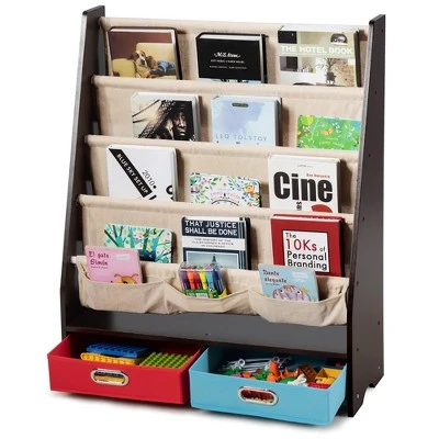 Costway Kids Book Rack Toys Organizer with 4 Sling Bookshelf & 2 Boxes EspressoBeige 13 Costway Kids Book Rack Toys Organizer with 4 Sling Bookshelf & 2 Boxes EspressoBeige - Image 11