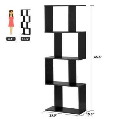 Costway 4-tier S-Shaped Bookcase Free Standing Storage Rack Wooden Display Decor Black 3 Costway 4-tier S-Shaped Bookcase Free Standing Storage Rack Wooden Display Decor Black