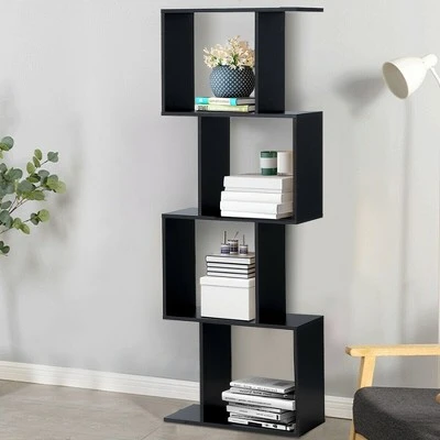 Costway 4-tier S-Shaped Bookcase Free Standing Storage Rack Wooden Display Decor Black 4 Costway 4-tier S-Shaped Bookcase Free Standing Storage Rack Wooden Display Decor Black - Image 2