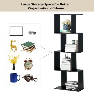 Costway 4-tier S-Shaped Bookcase Free Standing Storage Rack Wooden Display Decor Black 8 Costway 4-tier S-Shaped Bookcase Free Standing Storage Rack Wooden Display Decor Black - Image 6