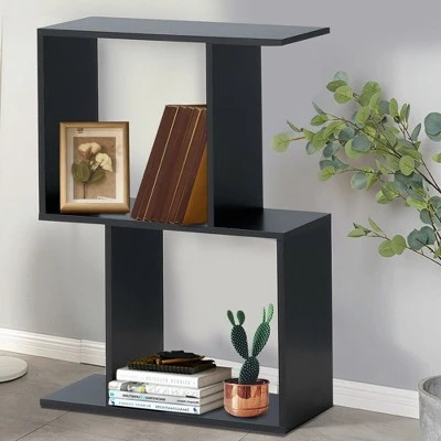 Costway 2-tier S-Shaped Bookcase Free Standing Storage Rack Wooden Display Decor Black 4 Costway 2-tier S-Shaped Bookcase Free Standing Storage Rack Wooden Display Decor Black - Image 2