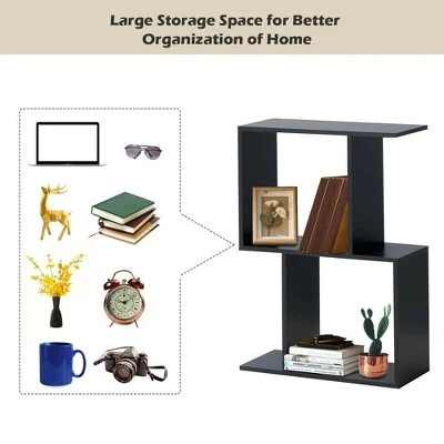 Costway 2-tier S-Shaped Bookcase Free Standing Storage Rack Wooden Display Decor Black 8 Costway 2-tier S-Shaped Bookcase Free Standing Storage Rack Wooden Display Decor Black - Image 6