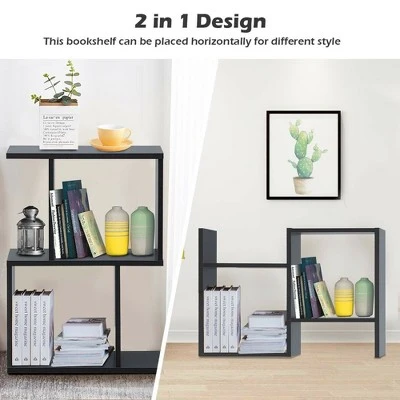 Costway 2-tier S-Shaped Bookcase Free Standing Storage Rack Wooden Display Decor Black 9 Costway 2-tier S-Shaped Bookcase Free Standing Storage Rack Wooden Display Decor Black - Image 7