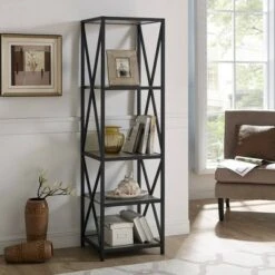 61" Modern Farmhouse X Frame Metal and Wood Media Bookshelf - Saracina Home Driftwood