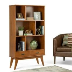 Tierney Solid Hardwood Mid Century Wide Bookcase and Storage Unit - Wyndenhall Teak