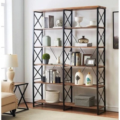 80.7" Bristol 6 Shelf Industrial Vintage Metal and Wood Bookcases Vintage Brown - Kinwell 3 80.7" Bristol 6 Shelf Industrial Vintage Metal and Wood Bookcases Vintage Brown - Kinwell