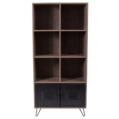 Flash Furniture Woodridge Collection 59.25"H 6 Cube Storage Organizer Bookcase with Metal Cabinet Doors and Metal Legs in Rustic Wood Grain Finish 6 Flash Furniture Woodridge Collection 59.25"H 6 Cube Storage Organizer Bookcase with Metal Cabinet Doors and Metal Legs in Rustic Wood Grain Finish - Image 4