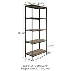 Lavish Home 5-Tier Open Industrial Style Wooden Bookshelf, Gray Woodgrain