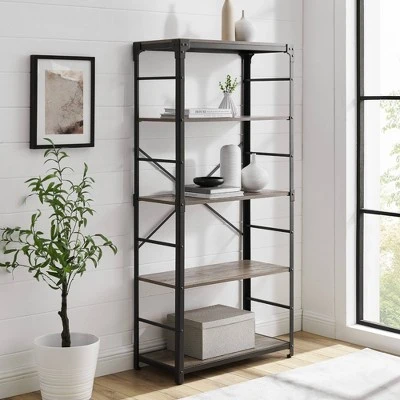 64" Benny Angle Iron 4 Tiered Mixed Material Bookshelf - Saracina Home Rustic Oak 3 64" Benny Angle Iron 4 Tiered Mixed Material Bookshelf - Saracina Home Rustic Oak