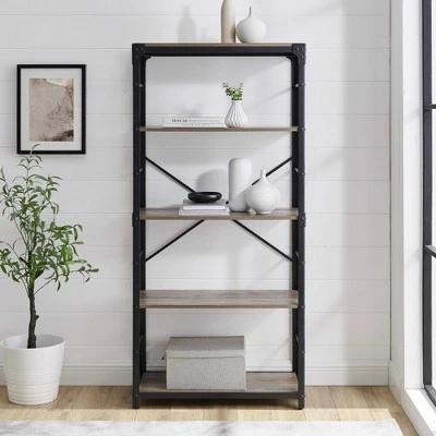 64" Benny Angle Iron 4 Tiered Mixed Material Bookshelf - Saracina Home Rustic Oak 5 64" Benny Angle Iron 4 Tiered Mixed Material Bookshelf - Saracina Home Rustic Oak - Image 3
