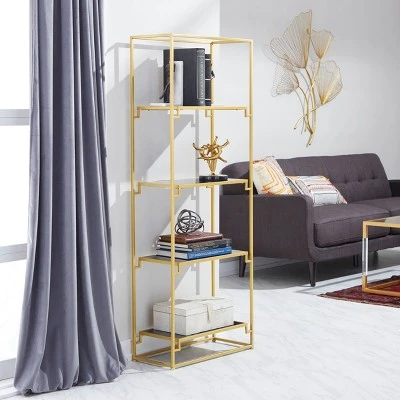 63" Metal and Glass 4 Tiered Book Shelf Gold - Olivia & May 4 63" Metal and Glass 4 Tiered Book Shelf Gold - Olivia & May - Image 2