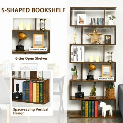 Costway 1/2 PCS 6 Tier S-Shaped Bookshelf Storage Display Bookcase Z-Shelf Coffee 7 Costway 1/2 PCS 6 Tier S-Shaped Bookshelf Storage Display Bookcase Z-Shelf Coffee - Image 5