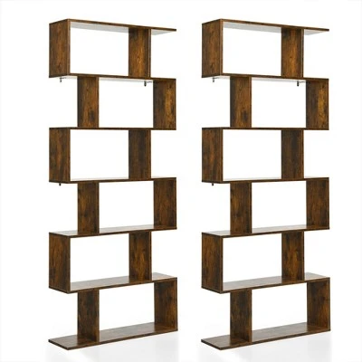 Costway 1/2 PCS 6 Tier S-Shaped Bookshelf Storage Display Bookcase Z-Shelf Coffee 12 Costway 1/2 PCS 6 Tier S-Shaped Bookshelf Storage Display Bookcase Z-Shelf Coffee - Image 10